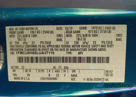 2020 Ford Escape Sel z USA, uszkodzony, nr VIN 1FMCU0H60LUA37116